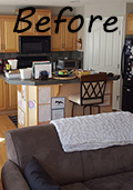 Kitchen before renovation with small island and corner pantry