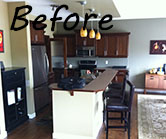 Builder grade kitchen before renovation showing outdated cabinetry and countertops